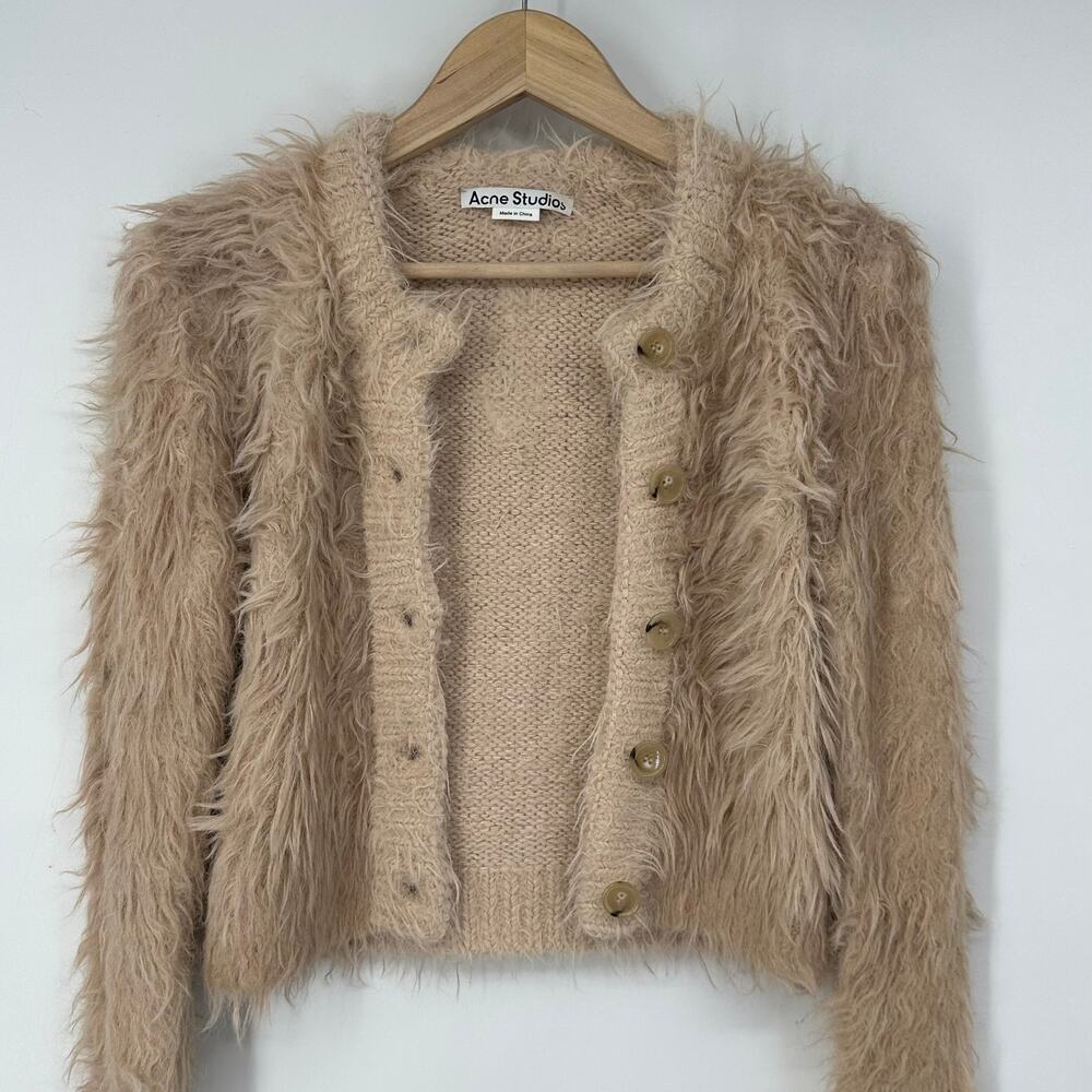 ACNE STUDIOS Kradi Textured Cardigan Faux Fur Chunky Knit Cropped Sweater Tan - Picture 12 of 16